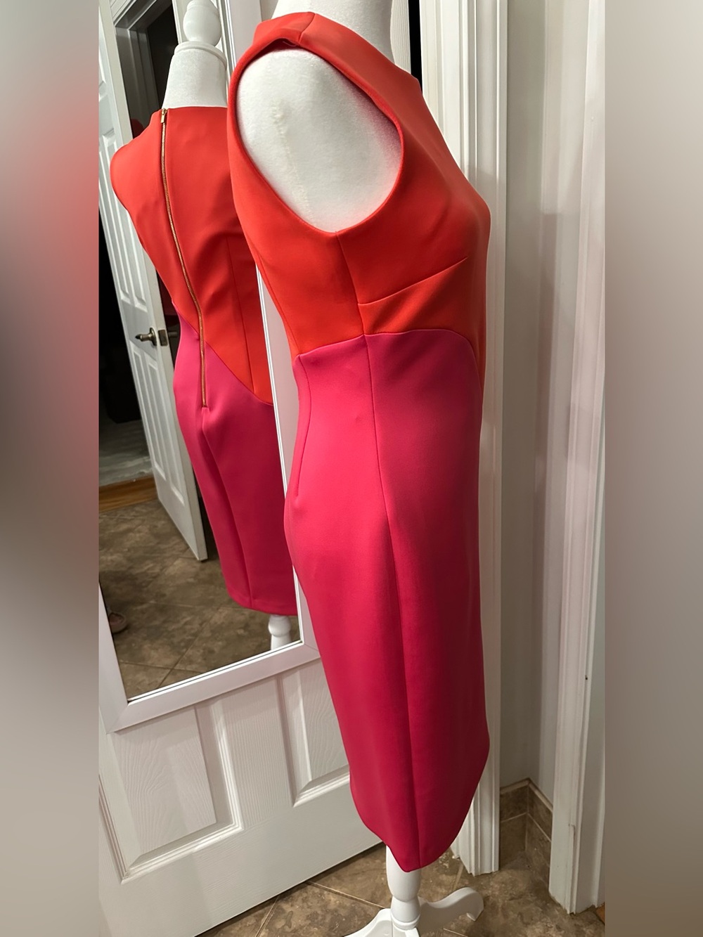 Calvin Klein Coral and Fuchsia Colorblock Midi Sheath Dress - Picture 3 of 10